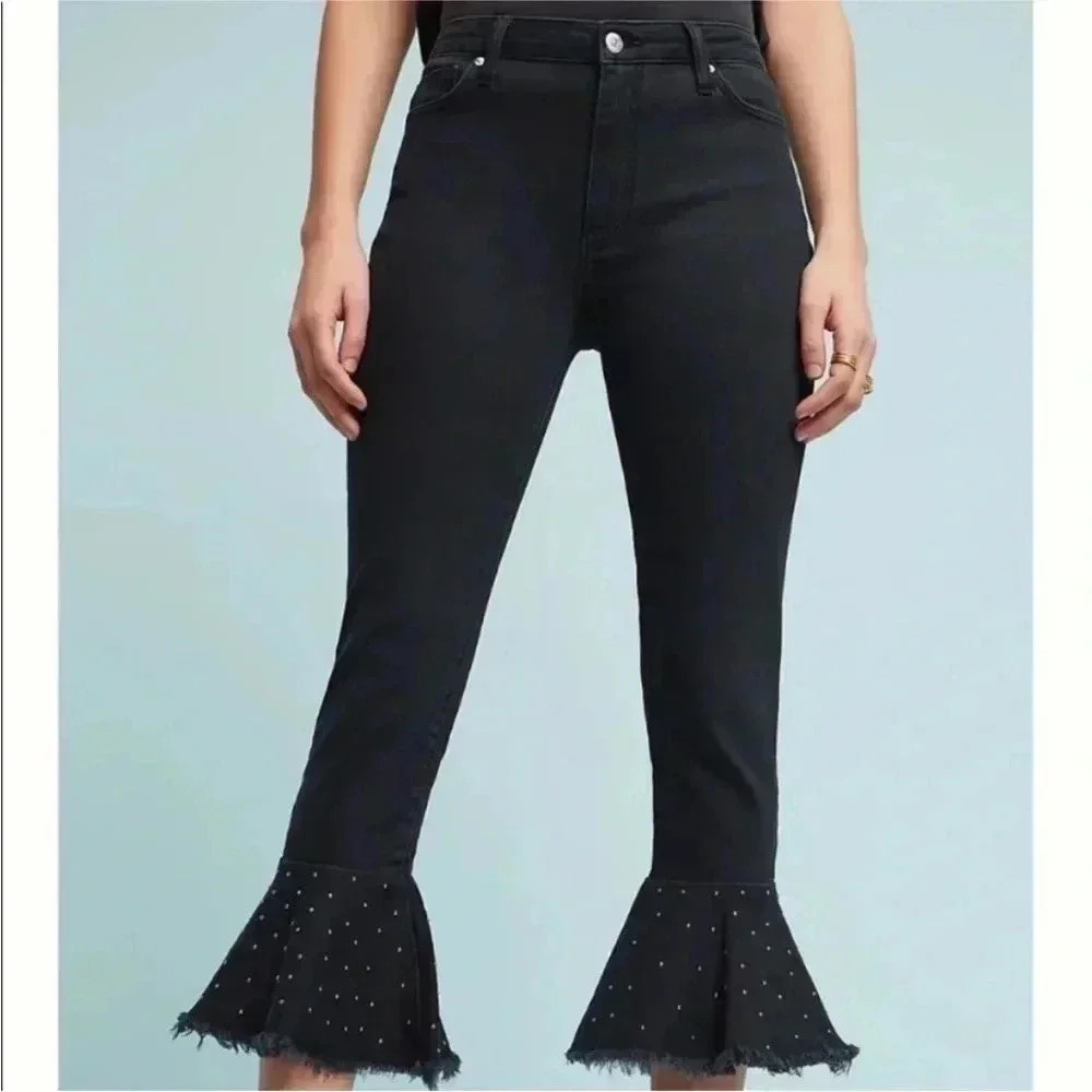Anthropologie Pilcro Black Studded Flare Cropped Jeans Sz 25